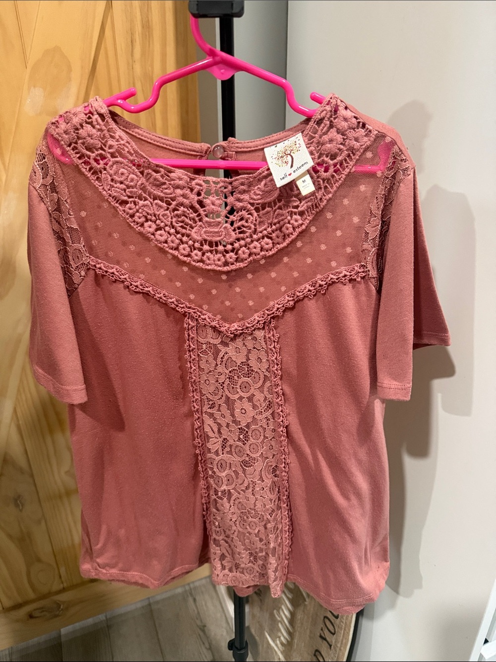 Self Esteem Dusty Rose Lace Yoke Short Sleeve Top